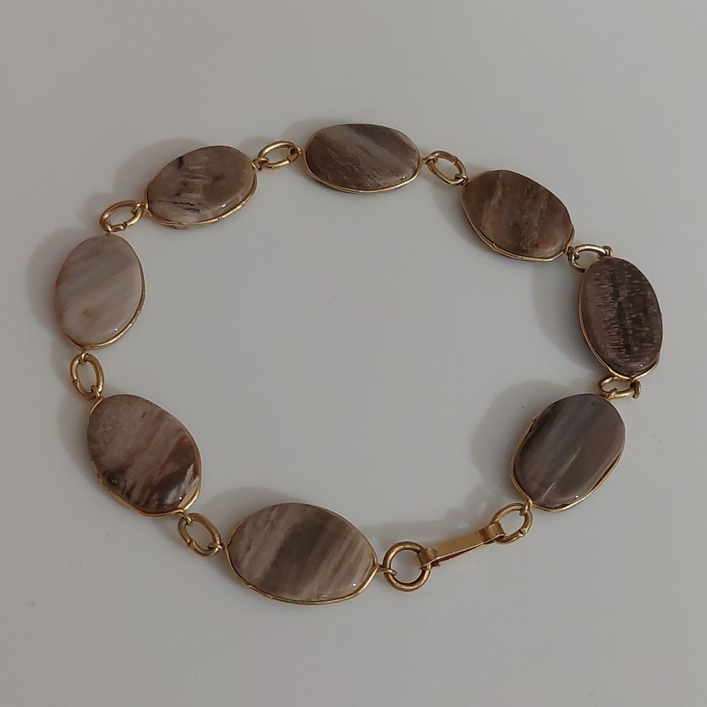 Natural Agate Stones Desert Stripes Wire Wrapped Gold Tone Link Chain Bracelet